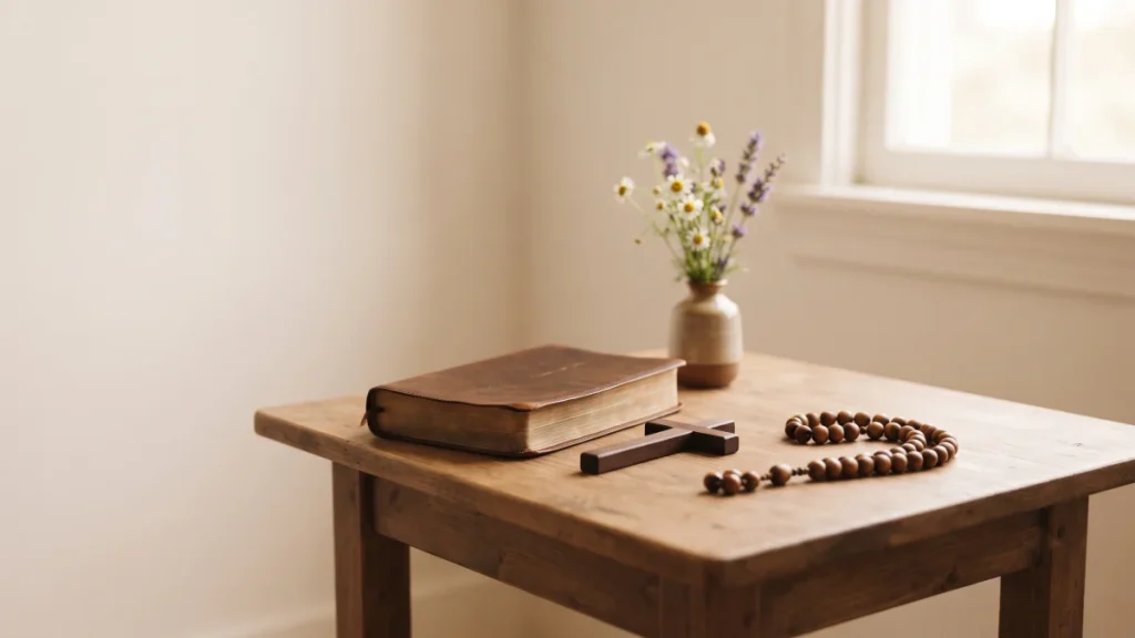 Pequeno espaço de oração doméstico com Bíblia, crucifixo, terço e luz natural suave.