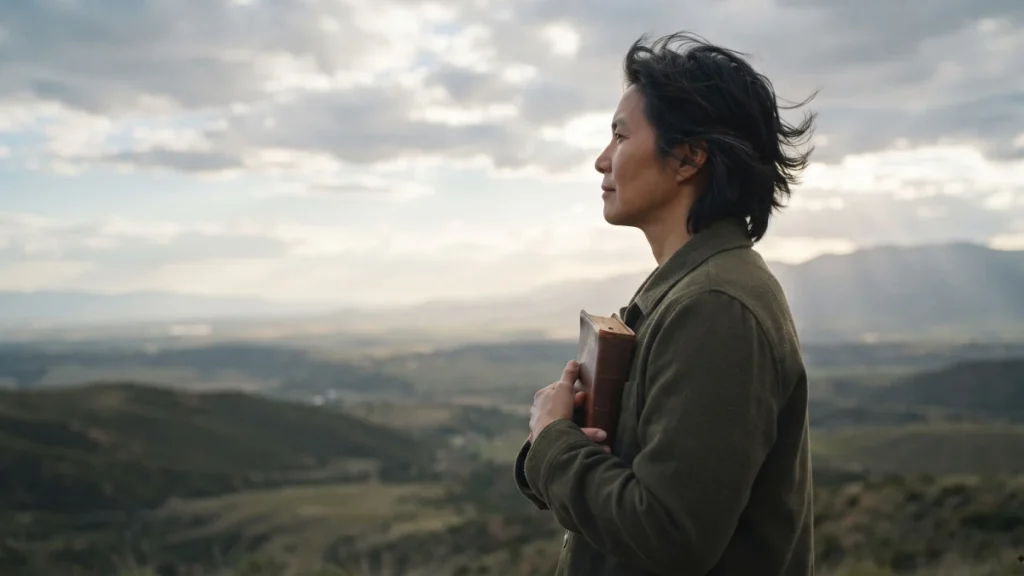 Pessoa adulta contemplando uma paisagem parcialmente nublada enquanto segura uma Bíblia junto ao peito.