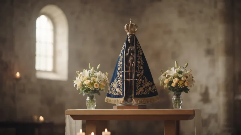 Representação devocional da imagem de Nossa Senhora Aparecida em altar simples com flores naturais.