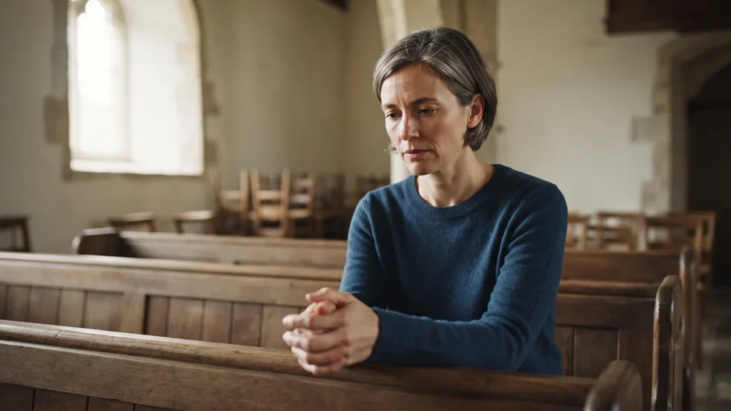 Pessoa adulta em oração silenciosa em igreja vazia após celebração.