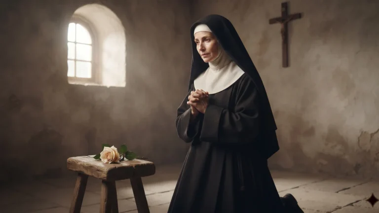 Representação artística de Santa Rita de Cássia em oração com hábito agostiniano e uma rosa discreta próxima.