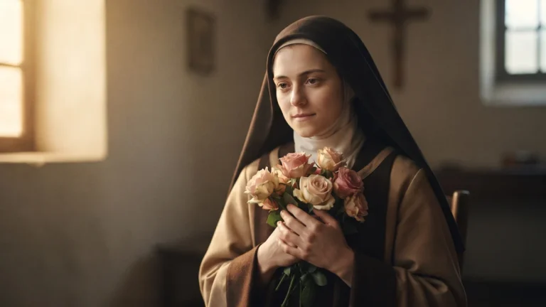 Representação artística de Santa Teresinha do Menino Jesus em hábito carmelita com rosas naturais em ambiente sereno.