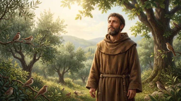 Representação artística de São Francisco de Assis em paisagem natural com árvores e pássaros.