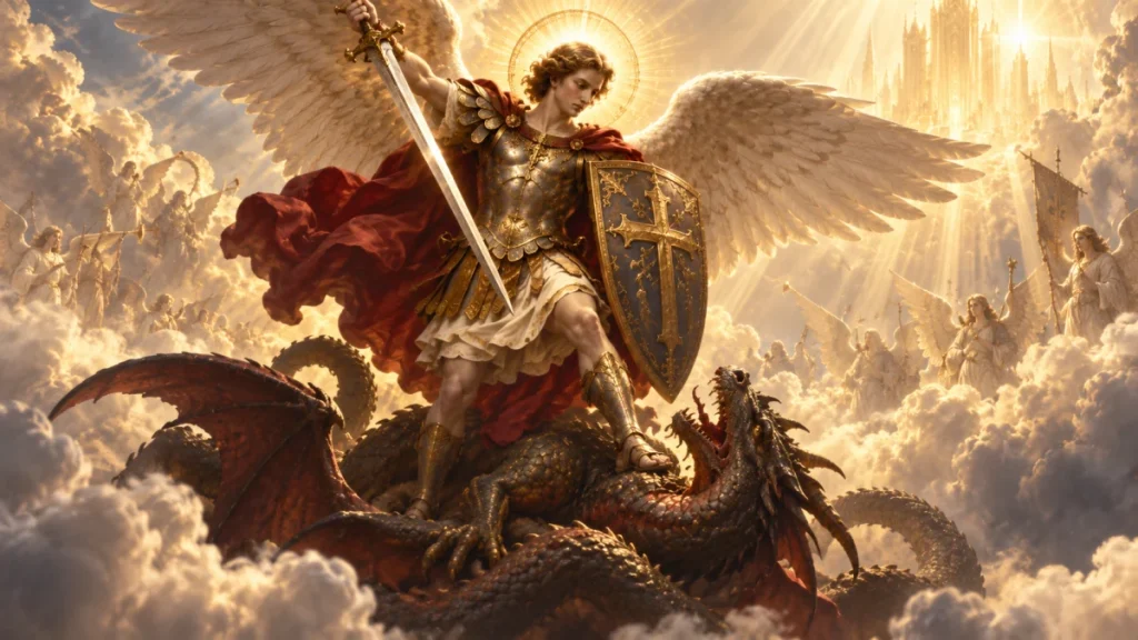 São Miguel Arcanjo com grandes asas, espada e escudo sobre um dragão, em representação simbólica do combate espiritual entre nuvens e luz dourada.