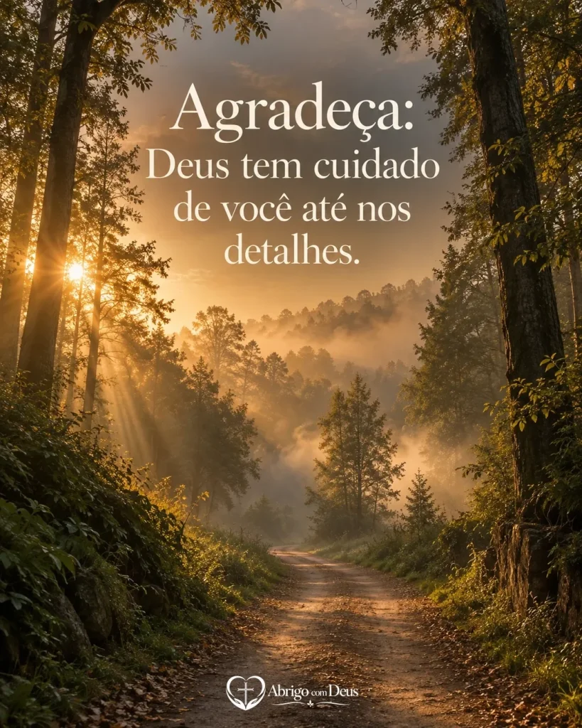 Cartão com estrada entre árvores iluminada pelo amanhecer e a frase “Agradeça: Deus tem cuidado de você até nos detalhes.”