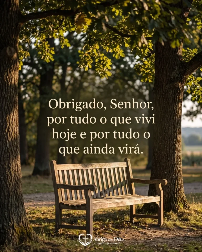 Cartão com banco de madeira sob árvores e a frase “Obrigado, Senhor, por tudo o que vivi hoje e por tudo o que ainda virá.”