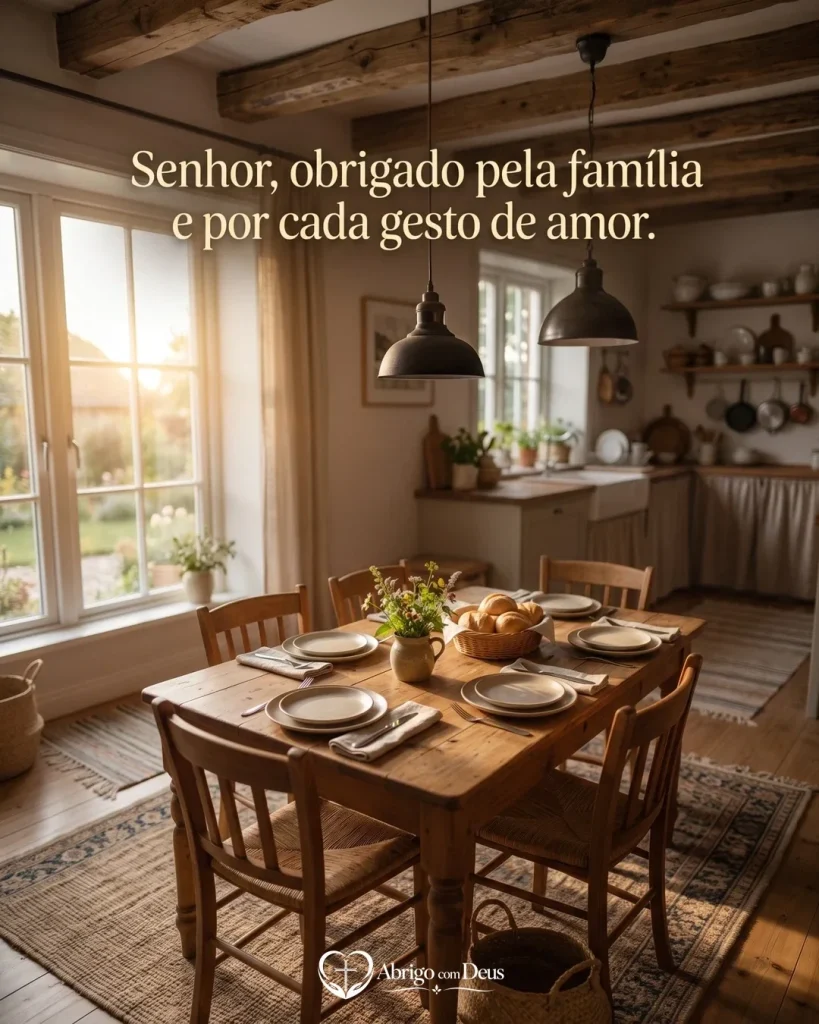 Cartão com mesa de jantar posta em uma cozinha acolhedora e a frase “Senhor, obrigado pela família e por cada gesto de amor.”