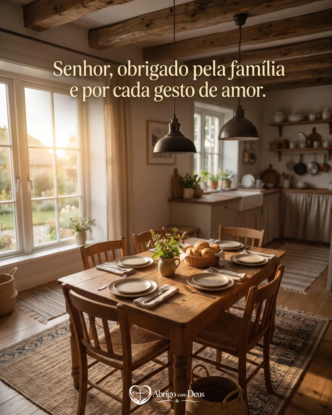 Cartão com mesa de jantar posta em uma cozinha acolhedora e a frase “Senhor, obrigado pela família e por cada gesto de amor.”