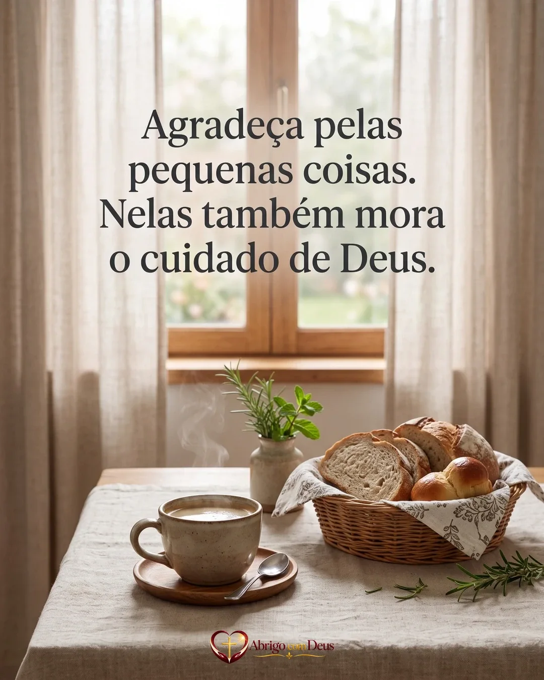 Cartão com xícara, cesta de pães e ervas sobre uma mesa e a frase “Agradeça pelas pequenas coisas. Nelas também mora o cuidado de Deus.”