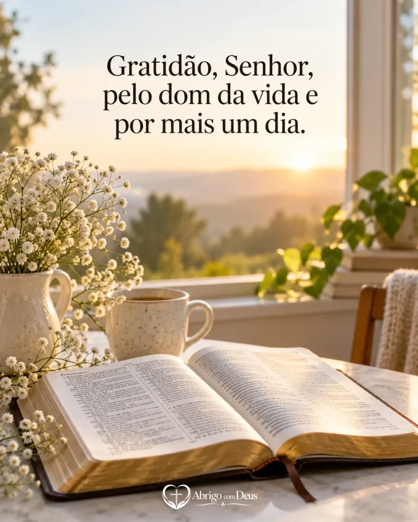Cartão com Bíblia aberta, xícara e flores junto à janela e a frase “Gratidão, Senhor, pelo dom da vida e por mais um dia.”