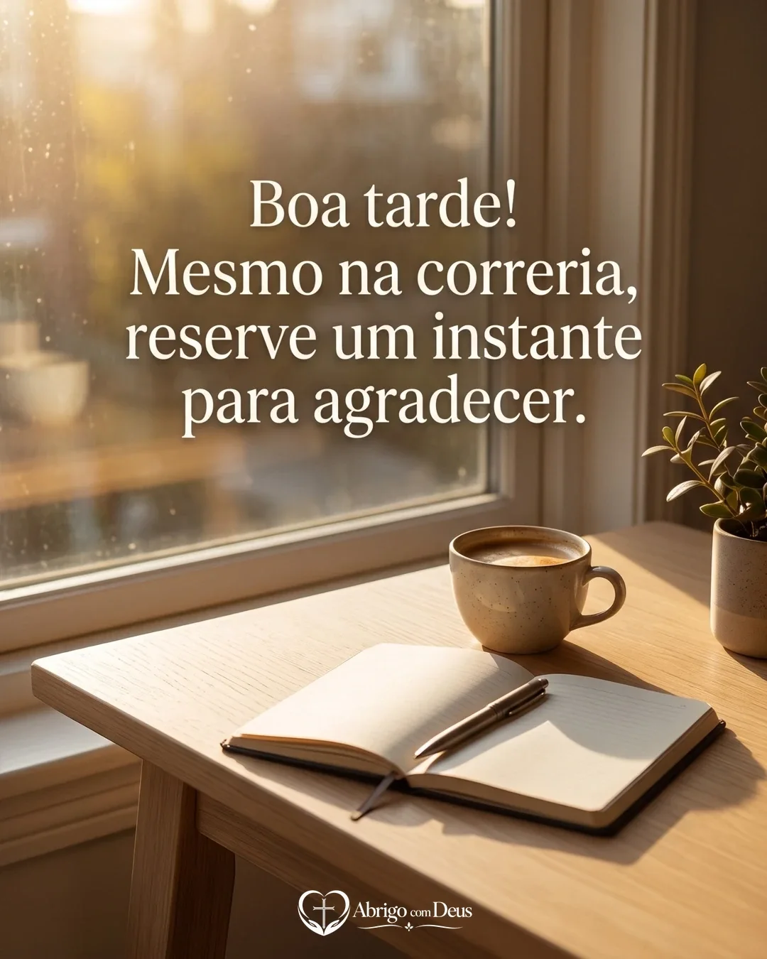 Cartão de boa tarde com café e caderno junto à janela e a frase “Boa tarde! Mesmo na correria, reserve um instante para agradecer.”