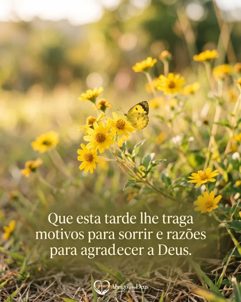Cartão de boa tarde com borboleta sobre flores amarelas e a frase “Que esta tarde lhe traga motivos para sorrir e razões para agradecer a Deus.”