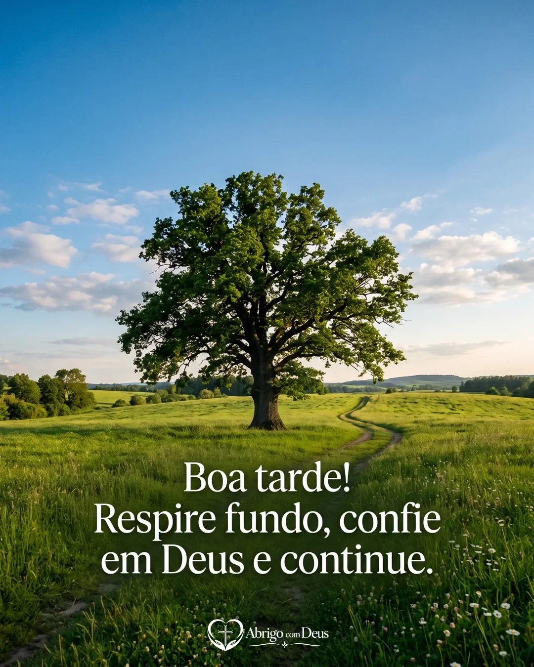 Cartão de boa tarde com grande árvore em campo verde e a frase “Boa tarde! Respire fundo, confie em Deus e continue.”