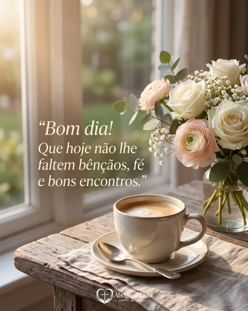 Cartão de bom dia com café e flores junto à janela e a frase “Bom dia! Que hoje não lhe faltem bênçãos, fé e bons encontros.”