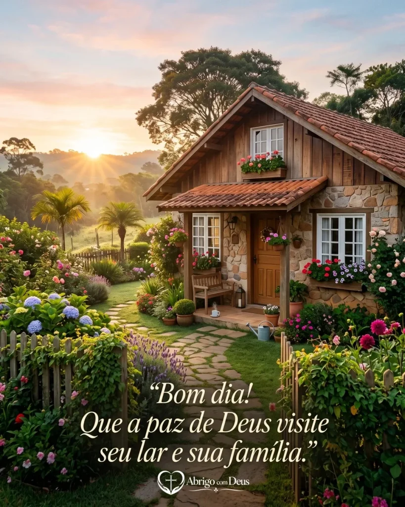 Cartão de bom dia com casa rústica em jardim florido e a frase “Bom dia! Que a paz de Deus visite seu lar e sua família.”