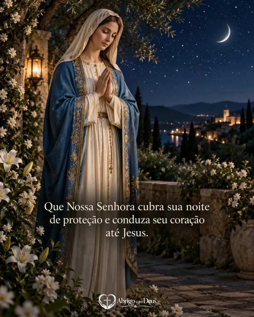 Cartão de boa noite com representação de Nossa Senhora em oração sob céu estrelado e a frase “Que Nossa Senhora cubra sua noite de proteção e conduza seu coração até Jesus.”