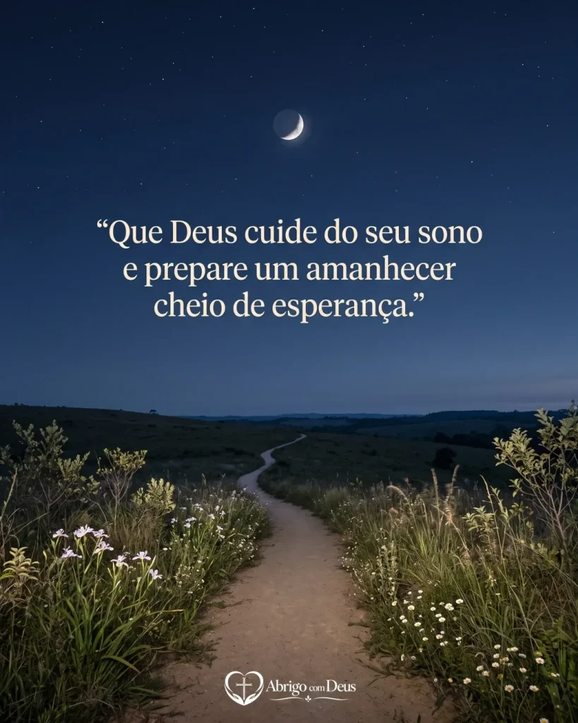 Cartão de boa noite com caminho sob lua crescente e a frase “Que Deus cuide do seu sono e prepare um amanhecer cheio de esperança.”