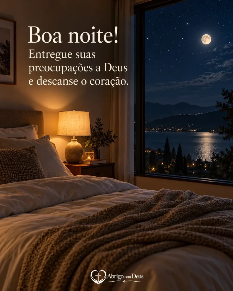 Cartão de boa noite com quarto iluminado por abajur e vista noturna e a frase “Boa noite! Entregue suas preocupações a Deus e descanse o coração.”