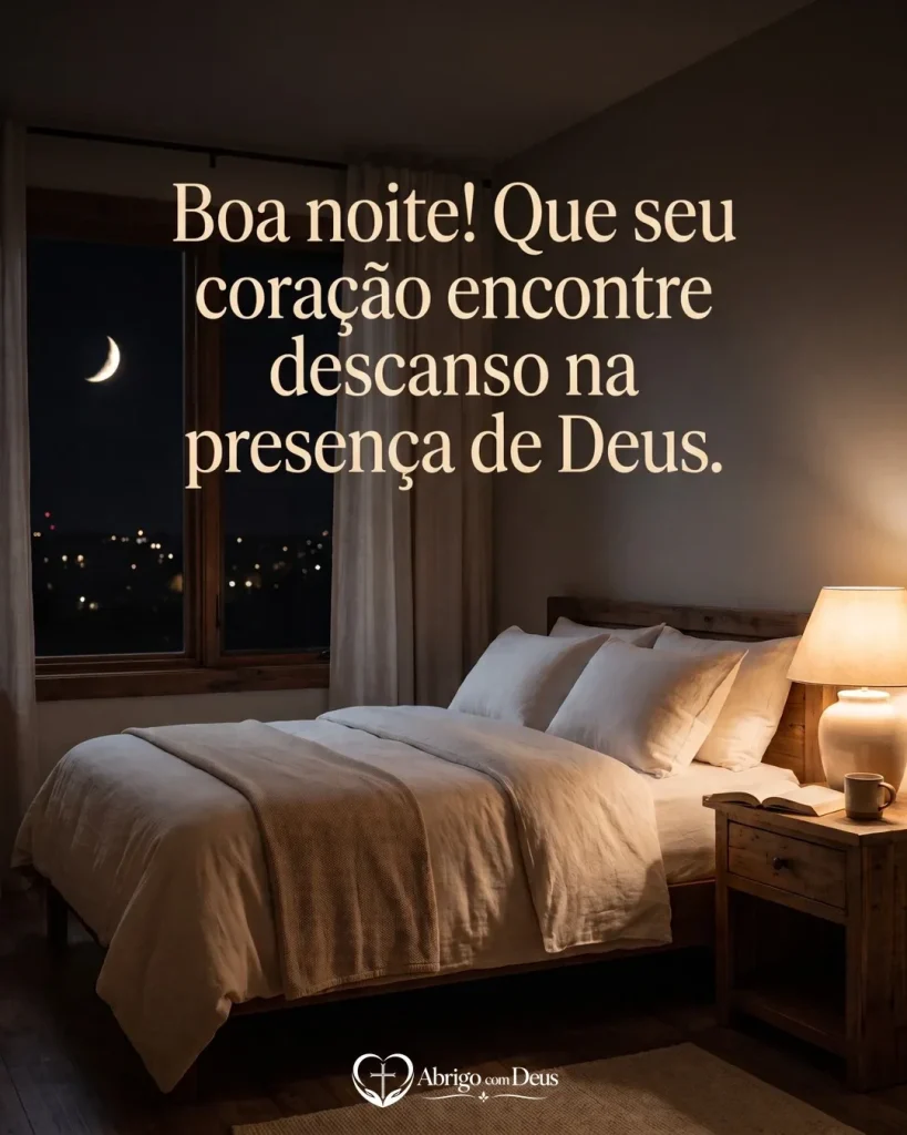 Cartão de boa noite com quarto acolhedor e a frase “Boa noite! Que seu coração encontre descanso na presença de Deus.”