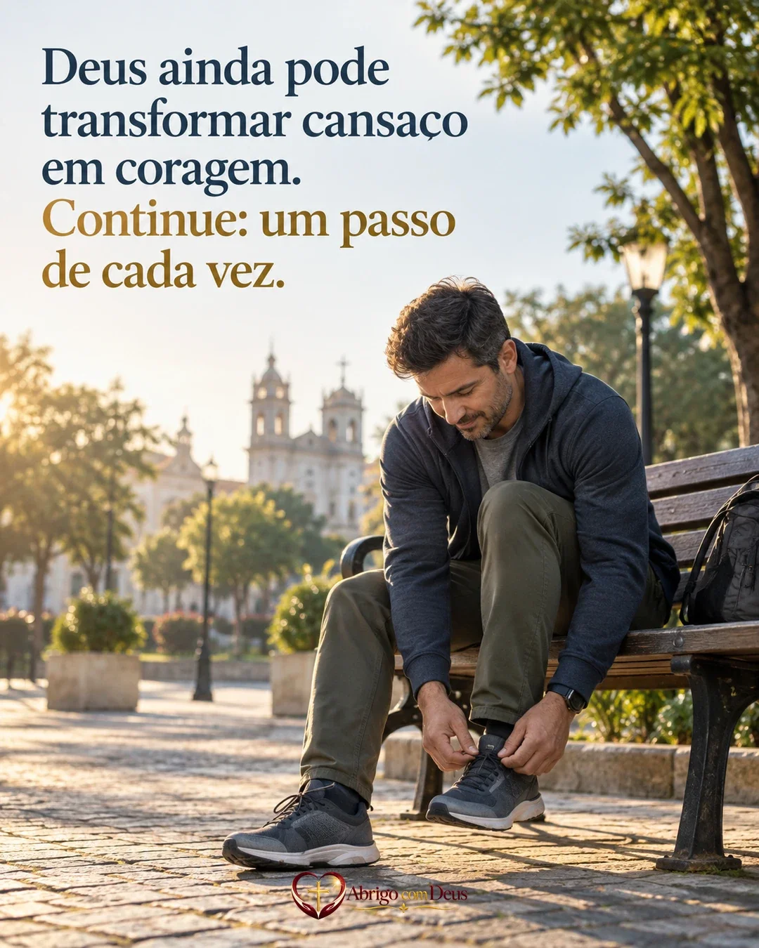 Cartão de animar alguém com homem sentado em banco de praça amarrando o tênis e a mensagem “Deus ainda pode transformar cansaço em coragem. Continue: um passo de cada vez.”
