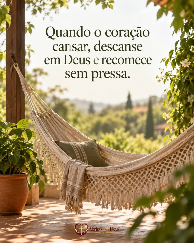 Cartão de animar alguém com rede de descanso em varanda ajardinada e a mensagem “Quando o coração cansar, descanse em Deus e recomece sem pressa.”