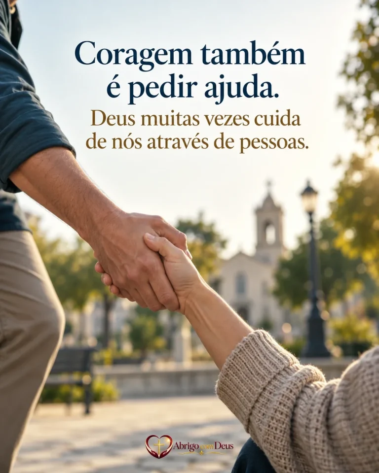 Cartão de animar alguém com mãos em gesto de ajuda e a mensagem “Coragem também é pedir ajuda. Deus muitas vezes cuida de nós através de pessoas.”