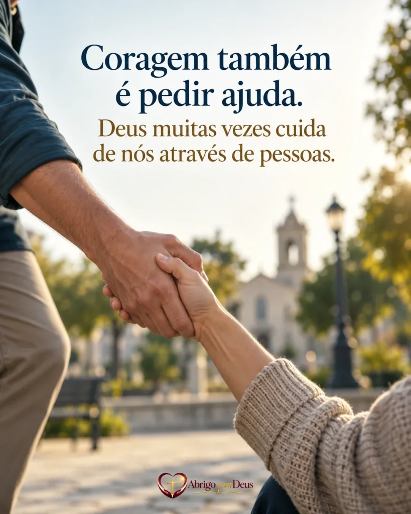 Cartão de animar alguém com mãos em gesto de ajuda e a mensagem “Coragem também é pedir ajuda. Deus muitas vezes cuida de nós através de pessoas.”