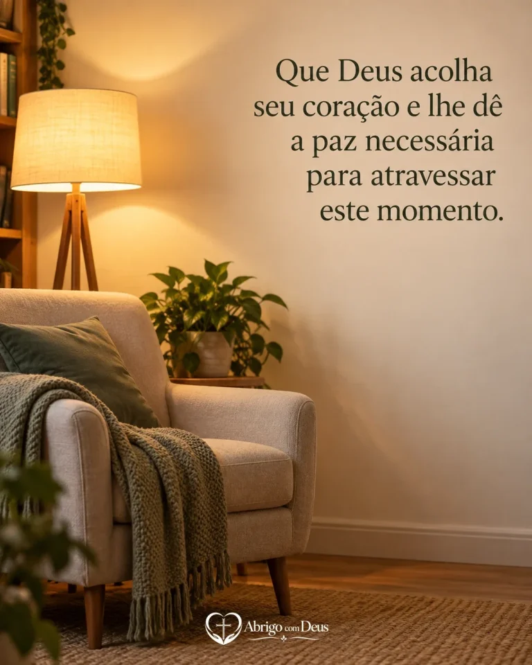 Cartão de consolar com poltrona aconchegante ao lado de luminária e a mensagem “Que Deus acolha seu coração e lhe dê a paz necessária para atravessar este momento.”