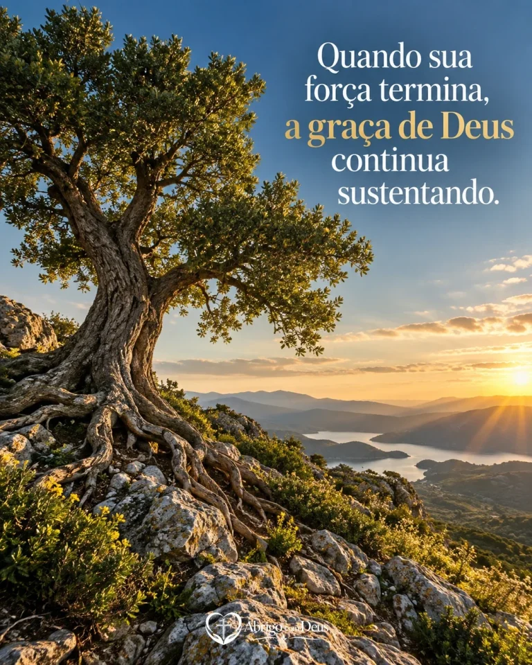 Cartão de mensagem de fé com árvore antiga com raízes entre pedras e a mensagem “Quando sua força termina, a graça de Deus continua sustentando.”