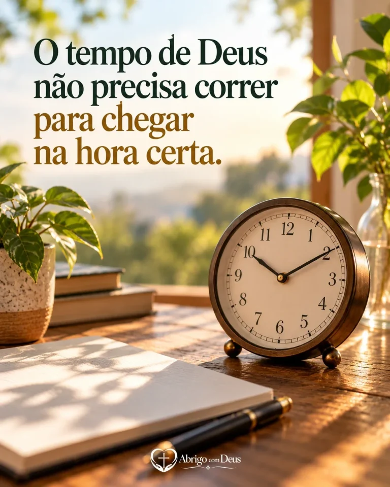 Cartão de mensagem de fé com relógio de mesa ao lado de caderno e a mensagem “O tempo de Deus não precisa correr para chegar na hora certa.”