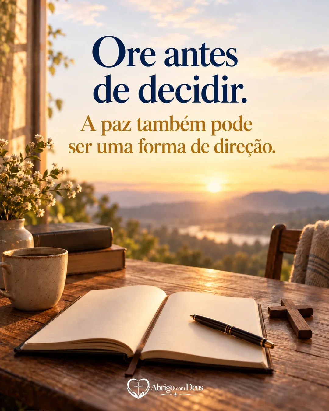 Cartão de mensagem de fé com caderno aberto com caneta e pequena cruz e a mensagem “Ore antes de decidir. A paz também pode ser uma forma de direção.”