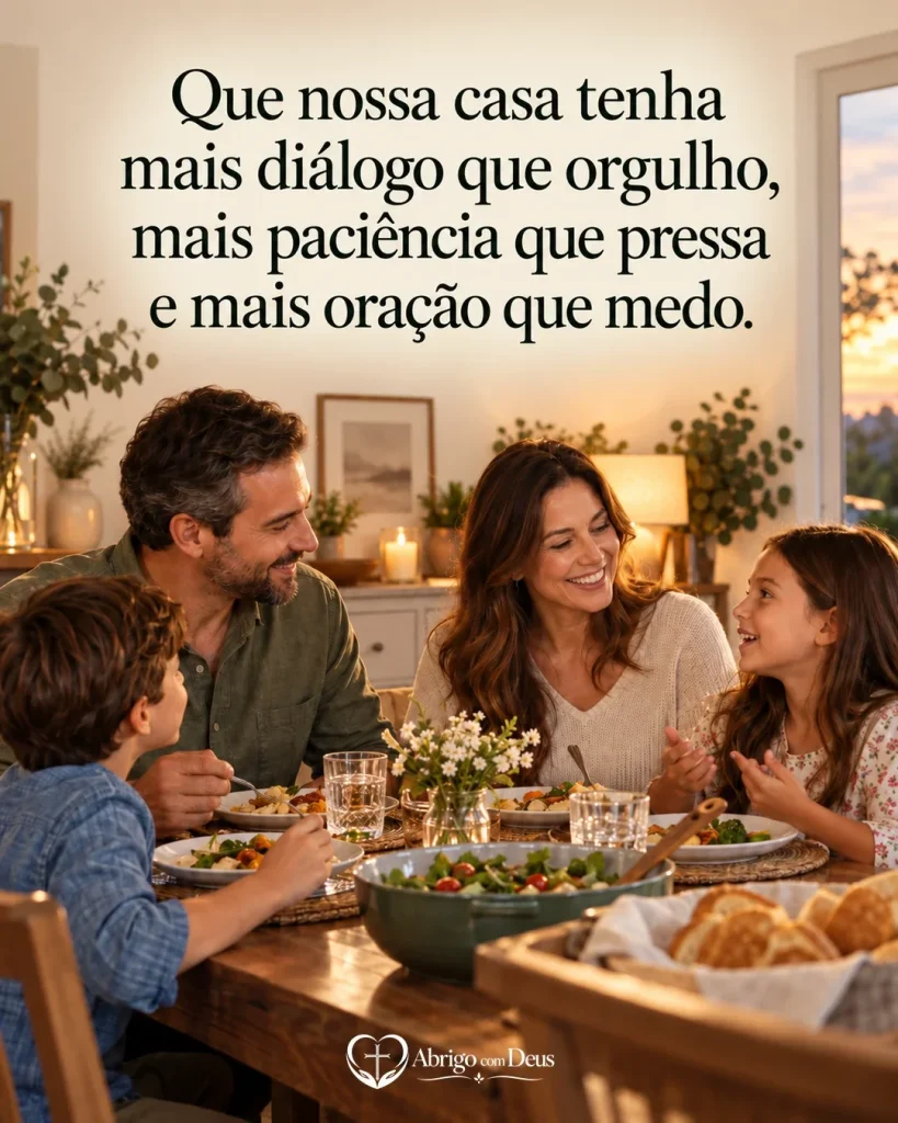 Cartão de família com família reunida em torno da mesa e a mensagem “Que nossa casa tenha mais diálogo que orgulho, mais paciência que pressa e mais oração que medo.”