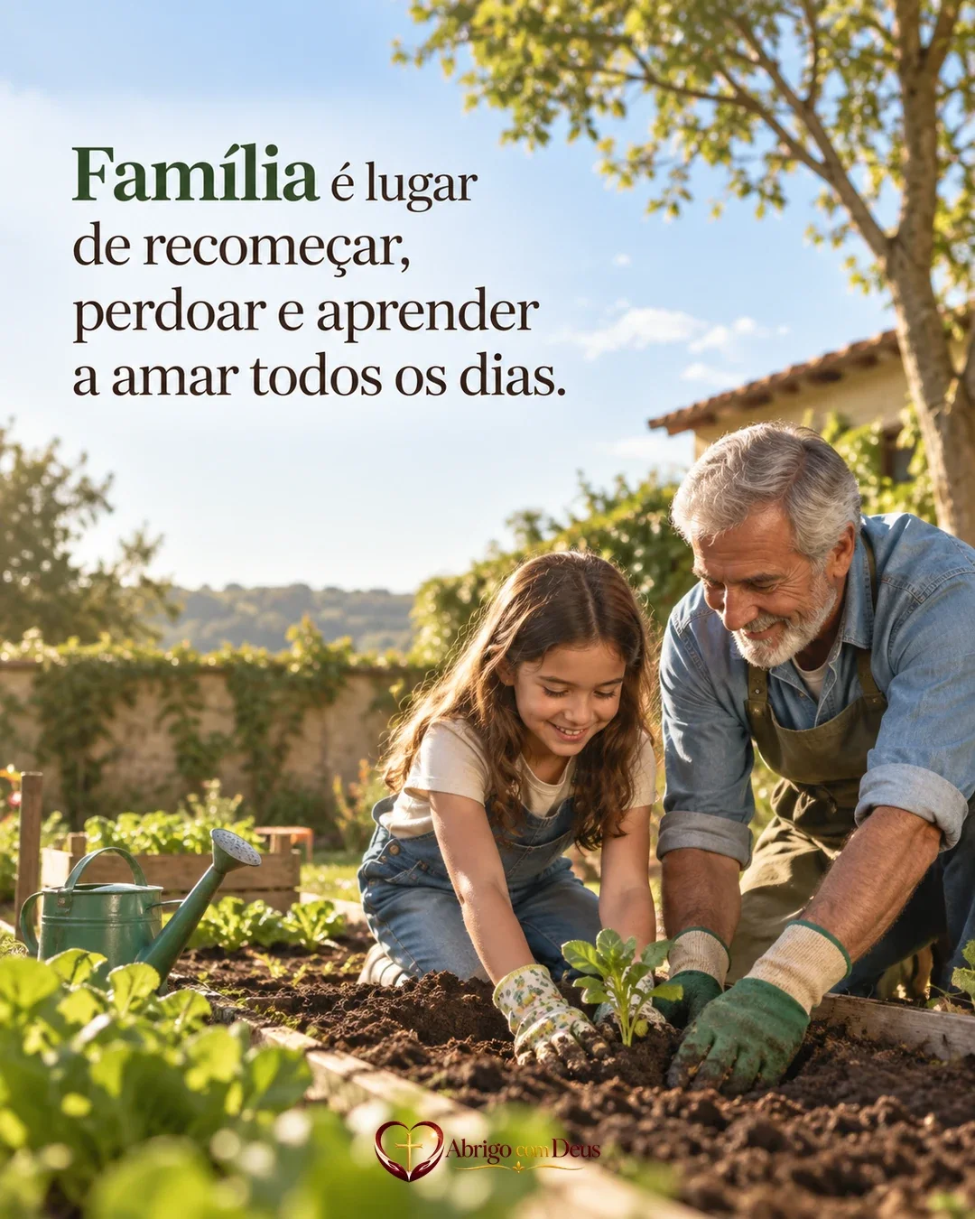 Cartão de família com homem idoso e menina plantando juntos e a mensagem “Família é lugar de recomeçar, perdoar e aprender a amar todos os dias.”