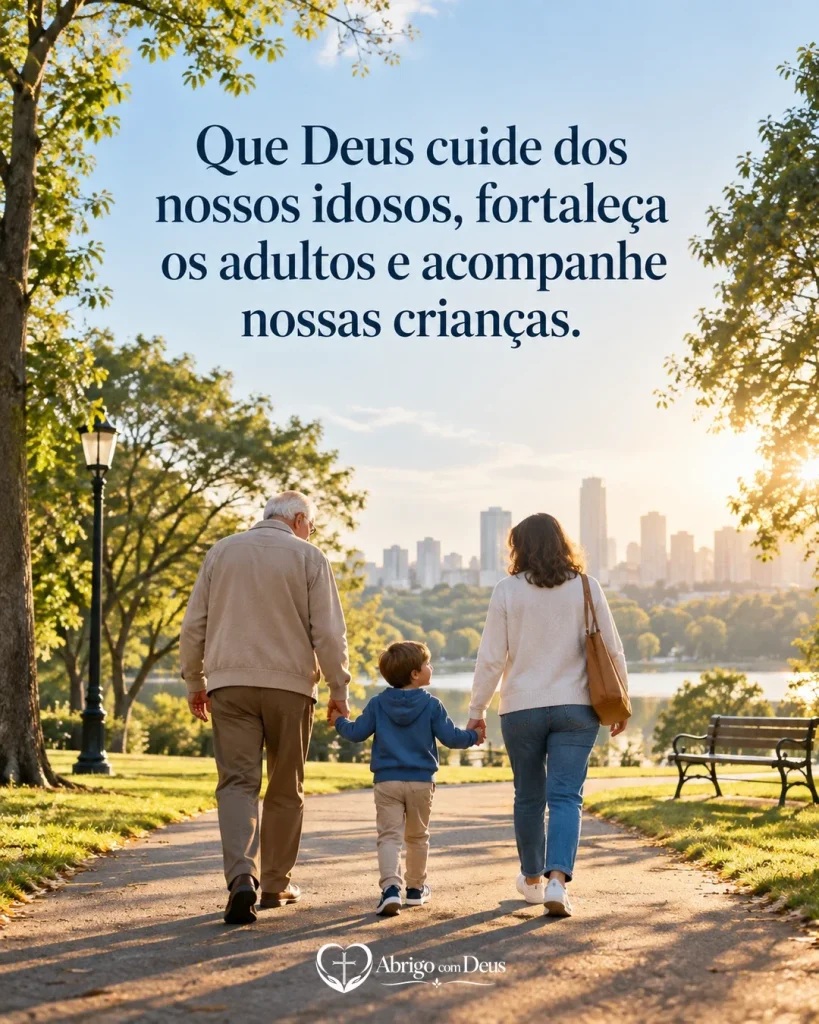 Cartão de família com três gerações caminhando de mãos dadas em parque e a mensagem “Que Deus cuide dos nossos idosos, fortaleça os adultos e acompanhe nossas crianças.”