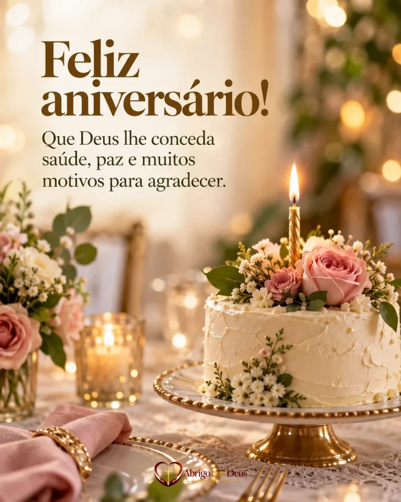 Cartão de aniversário com bolo de aniversário com flores e vela acesa e a mensagem “Feliz aniversário! Que Deus lhe conceda saúde, paz e muitos motivos para agradecer.”