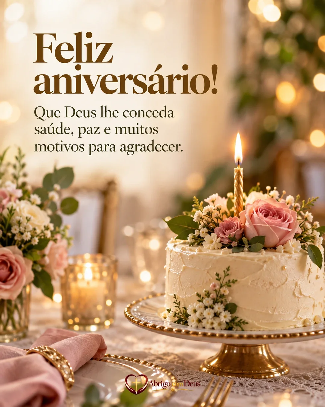 Cartão de aniversário com bolo de aniversário com flores e vela acesa e a mensagem “Feliz aniversário! Que Deus lhe conceda saúde, paz e muitos motivos para agradecer.”