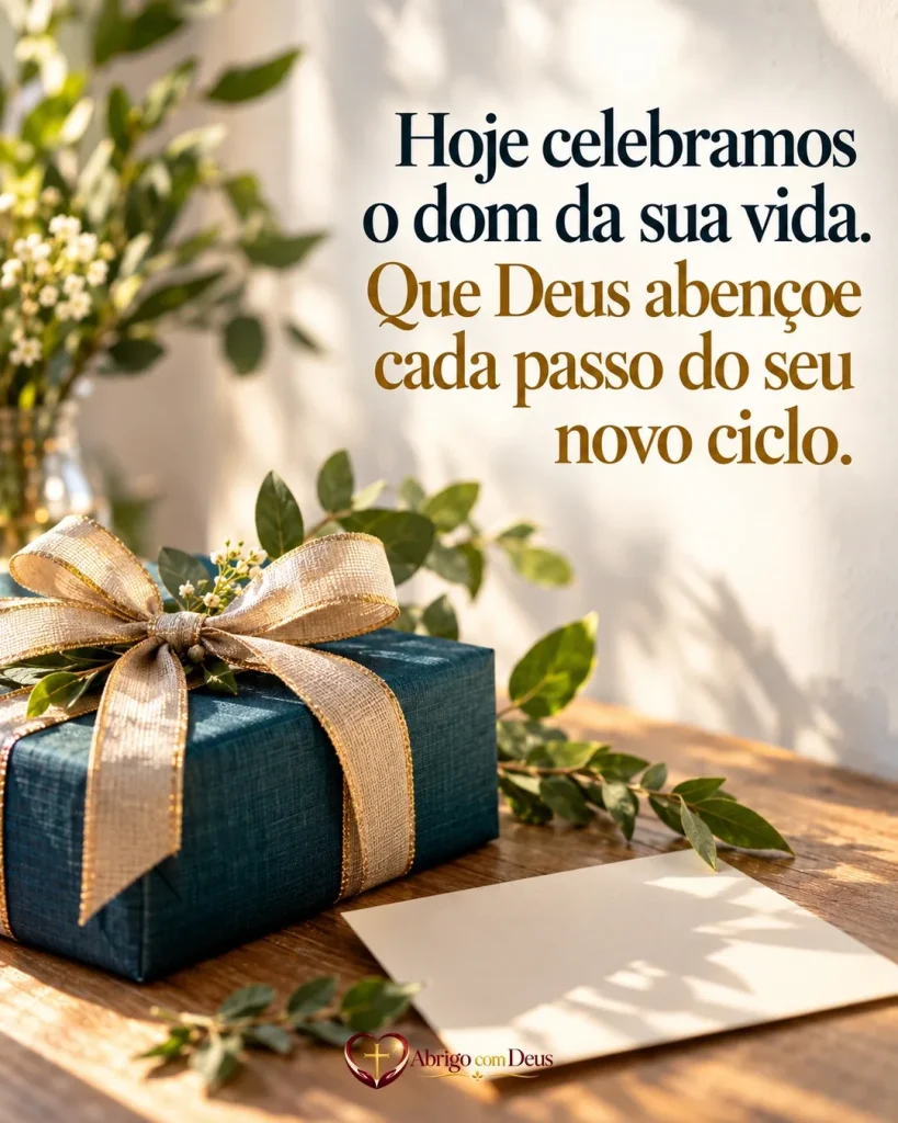 Cartão de aniversário com presente azul com laço dourado e flores e a mensagem “Hoje celebramos o dom da sua vida. Que Deus abençoe cada passo do seu novo ciclo.”