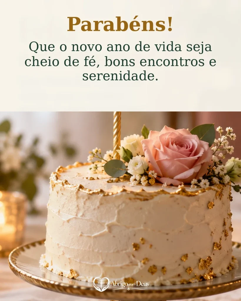 Cartão de aniversário com bolo de aniversário decorado com rosa e a mensagem “Parabéns! Que o novo ano de vida seja cheio de fé, bons encontros e serenidade.”