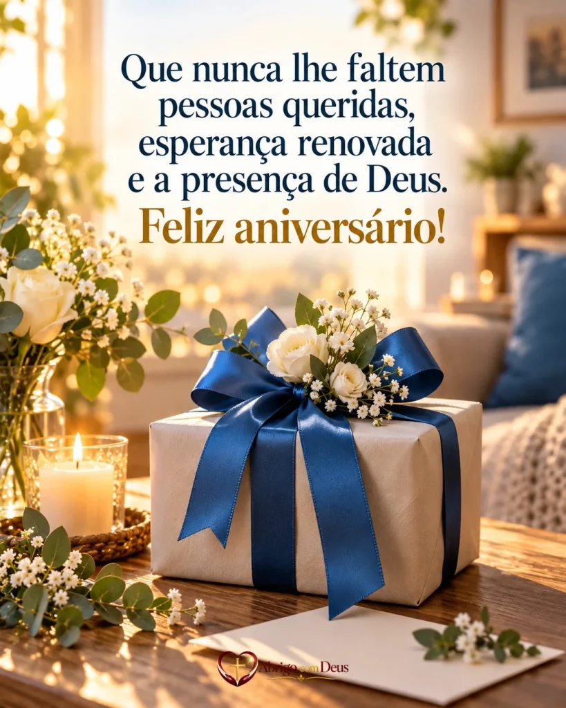 Cartão de aniversário com presente com laço azul e flores brancas e a mensagem “Que nunca lhe faltem pessoas queridas, esperança renovada e a presença de Deus. Feliz aniversário!”