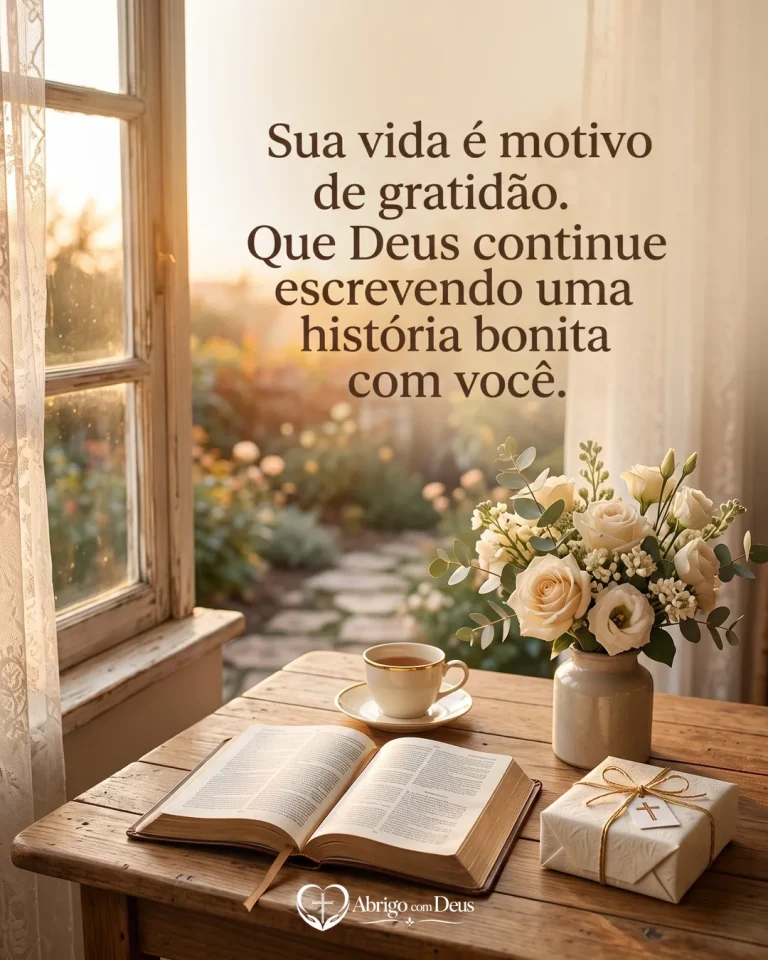 Cartão de aniversário com Bíblia aberta junto a flores, café e presente e a mensagem “Sua vida é motivo de gratidão. Que Deus continue escrevendo uma história bonita com você.”