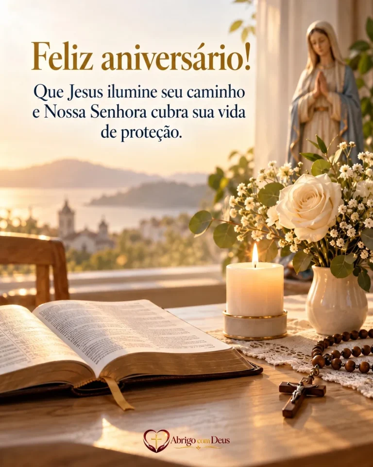 Cartão de aniversário com Bíblia aberta com terço, vela, flores e imagem de Nossa Senhora e a mensagem “Feliz aniversário! Que Jesus ilumine seu caminho e Nossa Senhora cubra sua vida de proteção.”