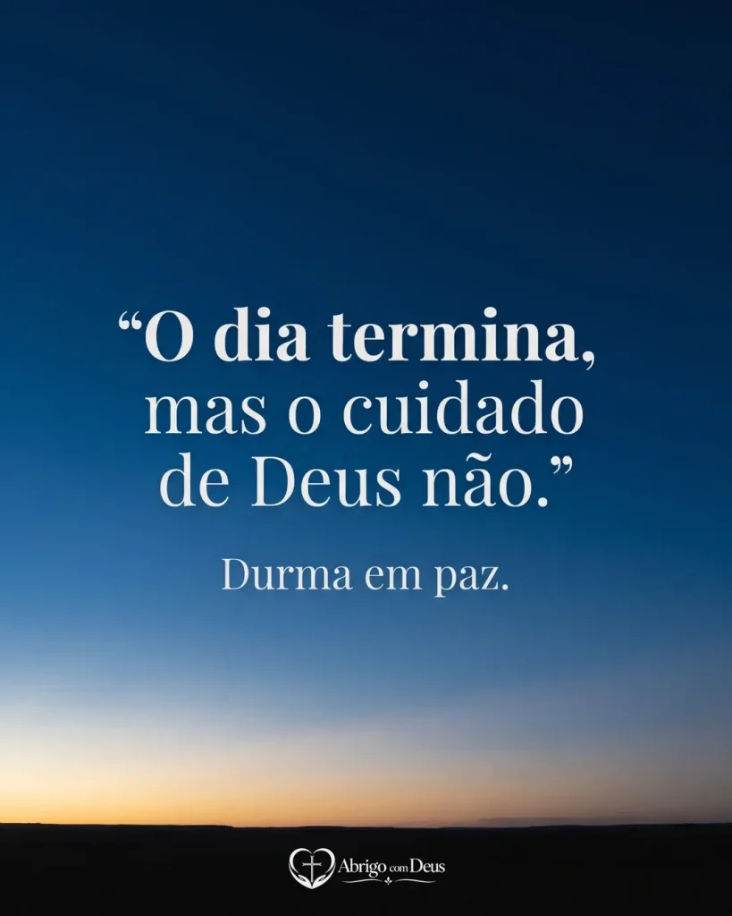 Cartão com horizonte no fim do crepúsculo e mensagem lembrando que o cuidado de Deus continua mesmo quando o dia termina.