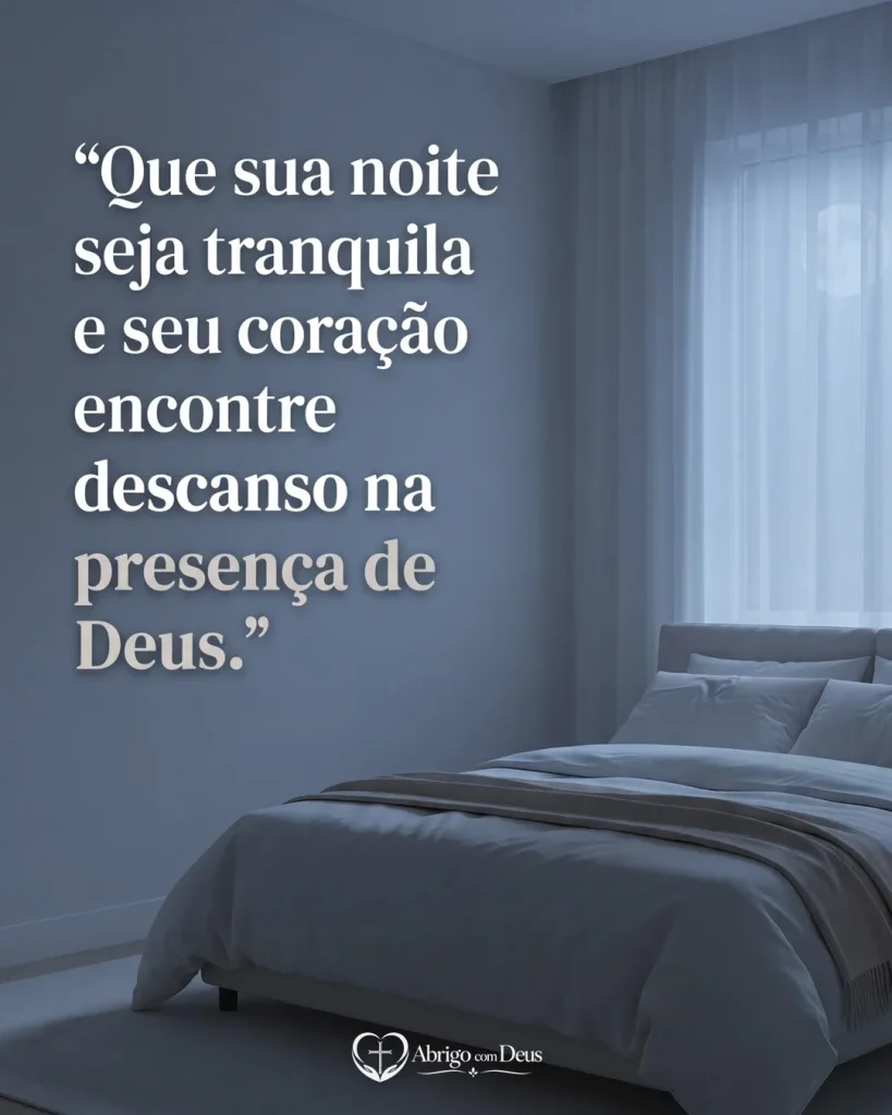 Cartão de boa noite com quarto sereno iluminado pela lua e mensagem para encontrar descanso na presença de Deus.