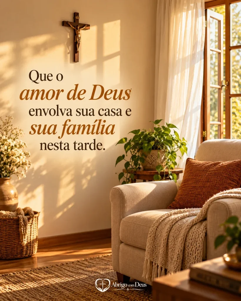 Cartão com sala acolhedora iluminada pelo sol, plantas e pequeno crucifixo na parede e mensagem pedindo o amor de Deus sobre a casa e a família.