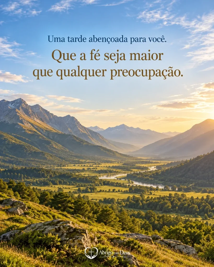 Cartão com amplo vale entre montanhas iluminado pelo fim da tarde e mensagem para que a fé seja maior que a preocupação.