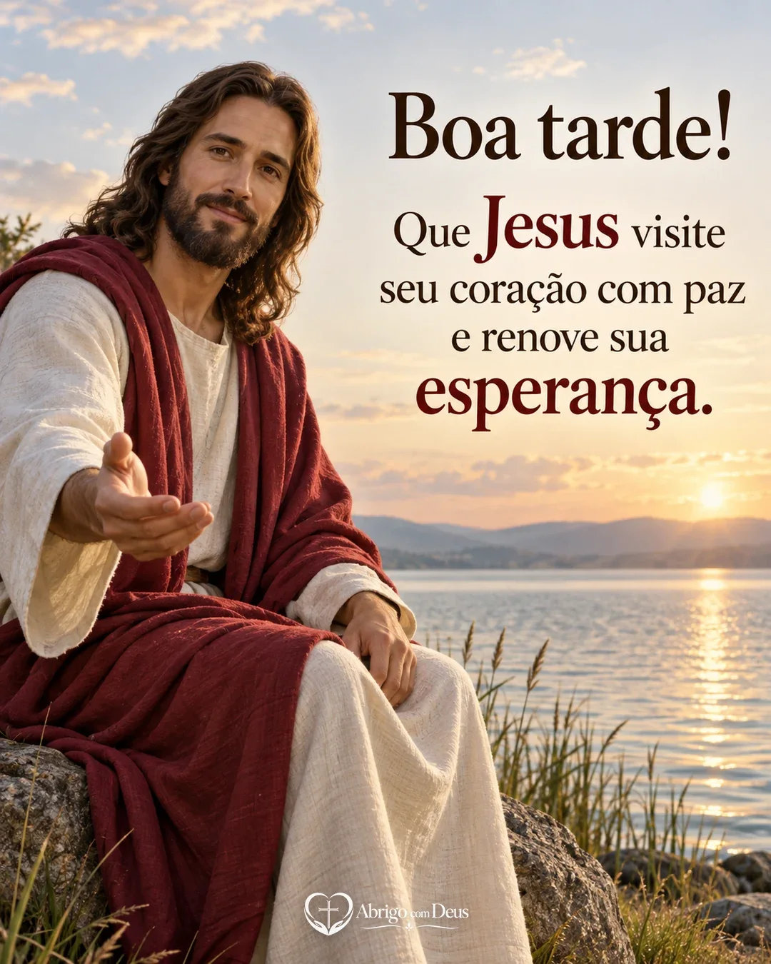Cartão de boa tarde com representação artística de Jesus junto a um lago ao entardecer e mensagem de paz e esperança.