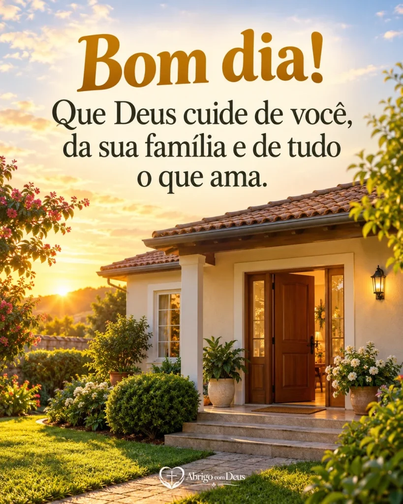 Cartão de bom dia com casa acolhedora e jardim iluminados pela manhã e mensagem pedindo o cuidado de Deus para a família.