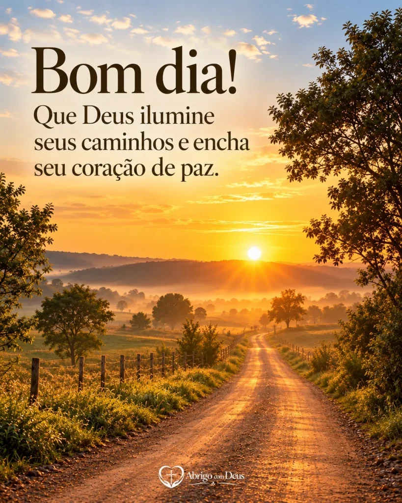 Cartão de bom dia com estrada rural ao nascer do sol e mensagem pedindo que Deus ilumine os caminhos e encha o coração de paz.