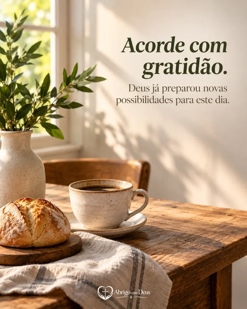 Cartão com mesa iluminada, xícara, pão e planta ao fundo e mensagem para acordar com gratidão pelas novas possibilidades do dia.