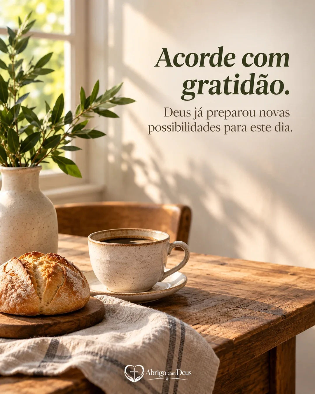 Cartão com mesa iluminada, xícara, pão e planta ao fundo e mensagem para acordar com gratidão pelas novas possibilidades do dia.